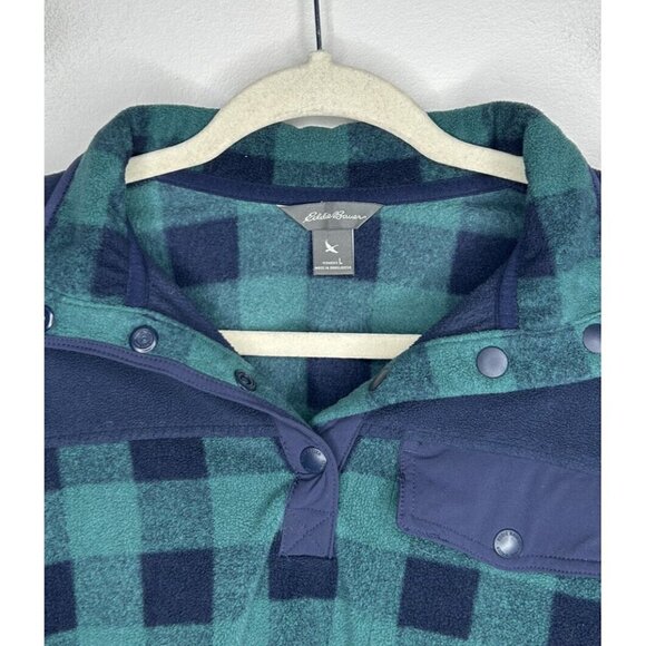 Eddie Bauer Green Navy Plaid Checkered Fleece Pullover Womens Size Large - Picture 3 of 9